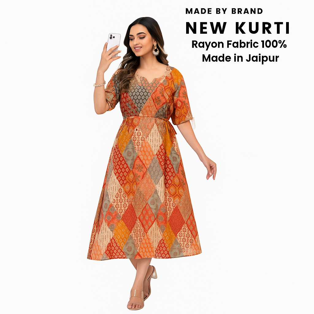 Women’s Multicolor Rayon Printed Anarkali Kurti – Jaipur Made XS