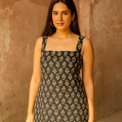 Women's Printed Straight Sleeveless Black Kurti - Ethnic Elegance with Modern Charm