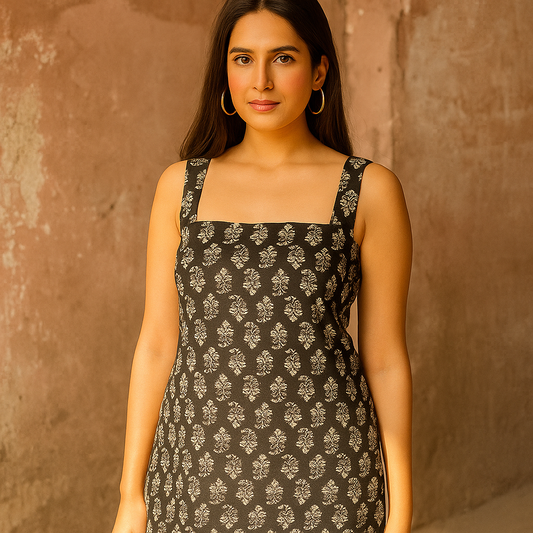 Women's Printed Straight Sleeveless Black Kurti - Ethnic Elegance with Modern Charm