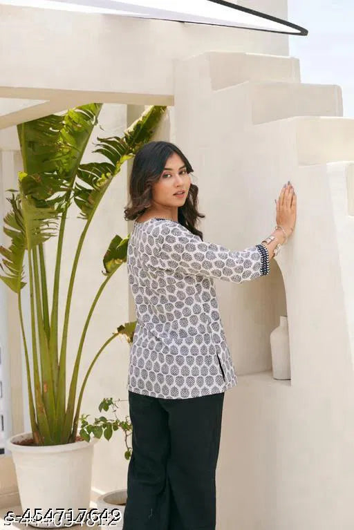 Women’s White Cotton V-Neck Short Kurti with Multicolor Hand Block Print