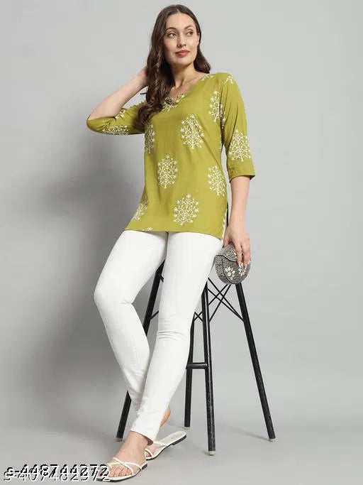 Printed Rayon Green Short Kurti for Women & Girls – Stylish Western Casual Top
