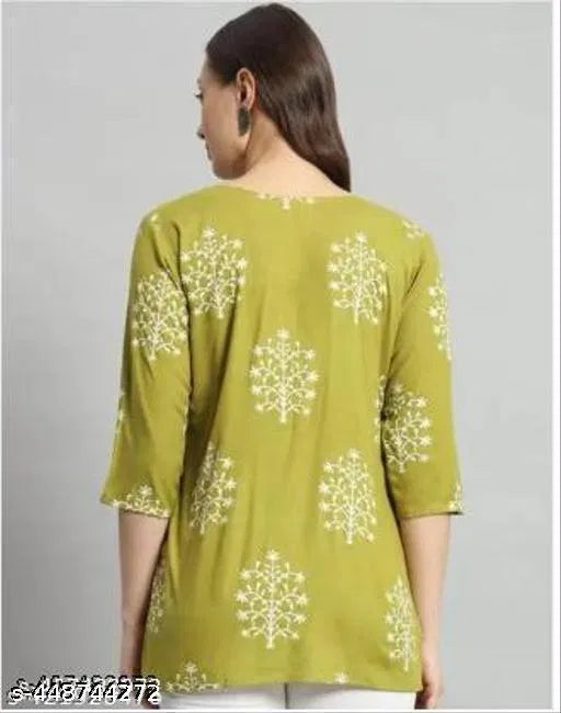 Printed Rayon Green Short Kurti for Women & Girls – Stylish Western Casual Top