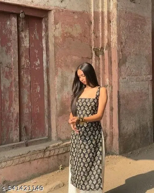 Women's Printed Straight Sleeveless Black Kurti - Ethnic Elegance with Modern Charm