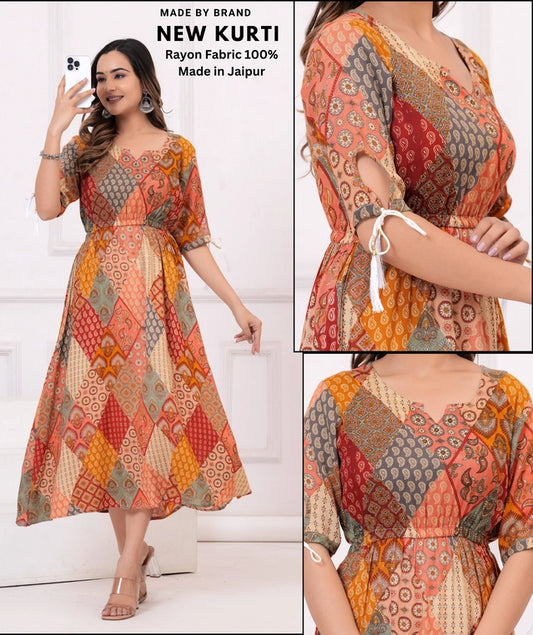 Women’s Multicolor Rayon Printed Anarkali Kurti – Jaipur Made XS