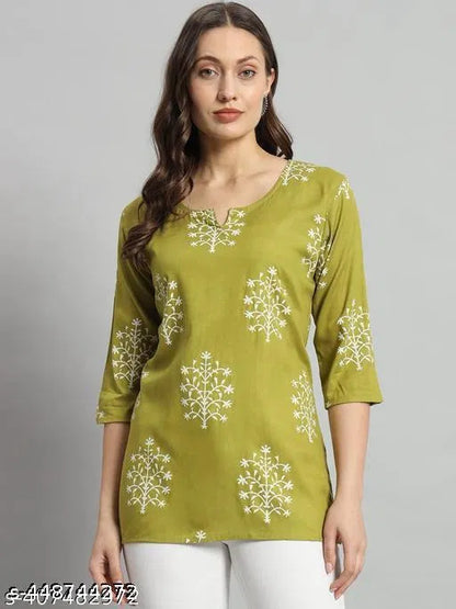 Printed Rayon Green Short Kurti for Women & Girls – Stylish Western Casual Top